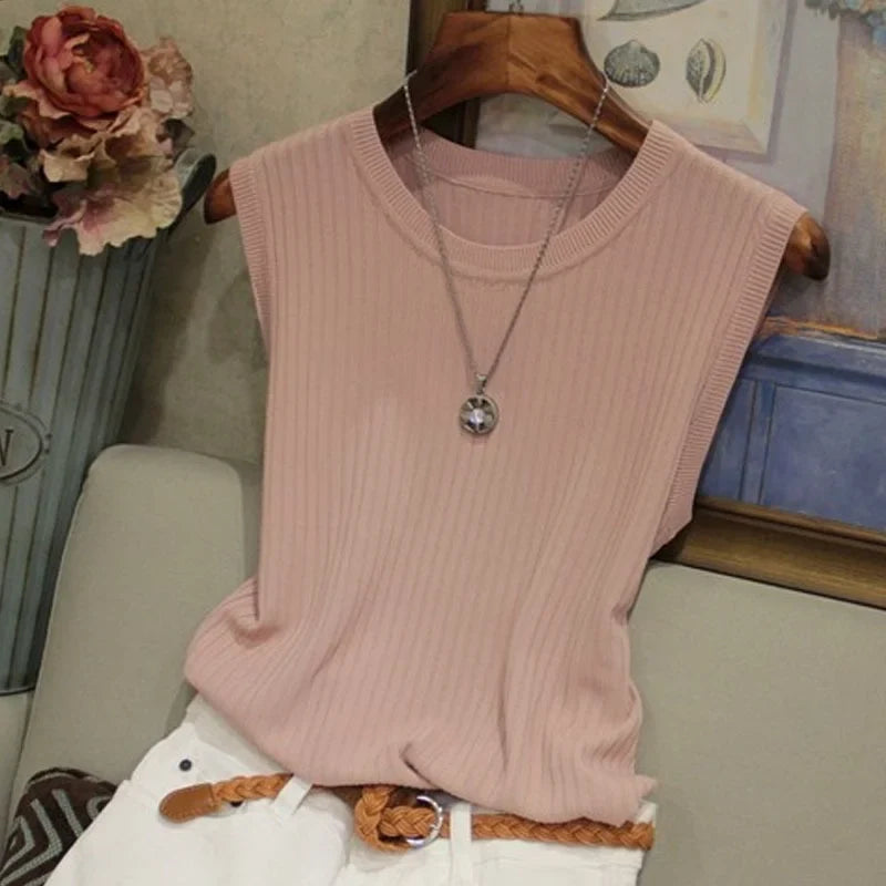 Ava Sleeveless Knitted Vest Top — Women’s Lightweight O-Neck Summer Knit Tank Casual Layering Top