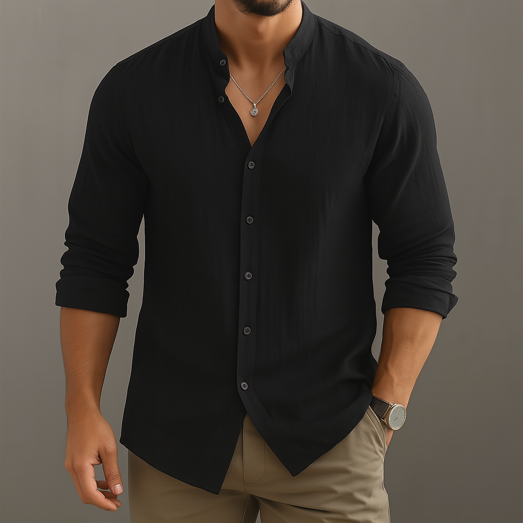 Men’s Lightweight Linen Band Collar Shirt – Breathable Gossamer Summer Button-Up Top