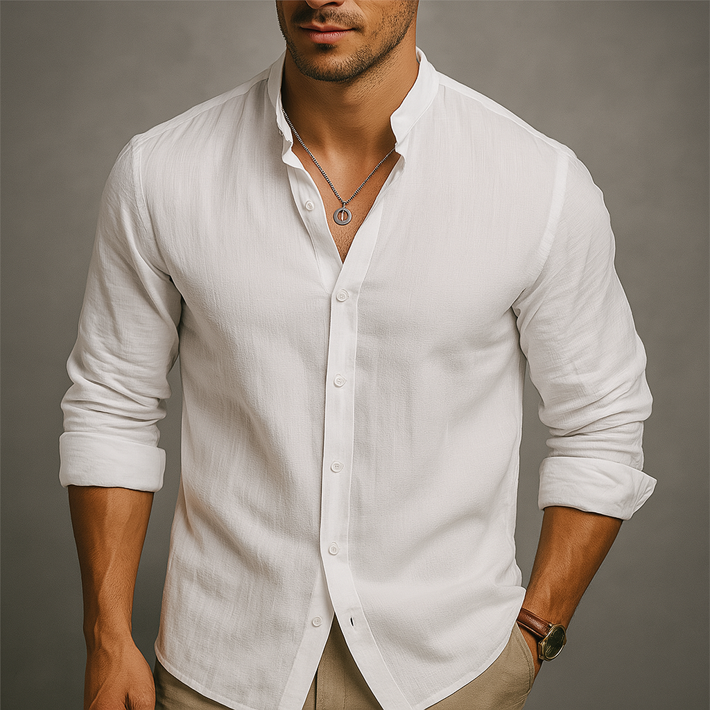 Men’s Lightweight Linen Band Collar Shirt – Breathable Gossamer Summer Button-Up Top