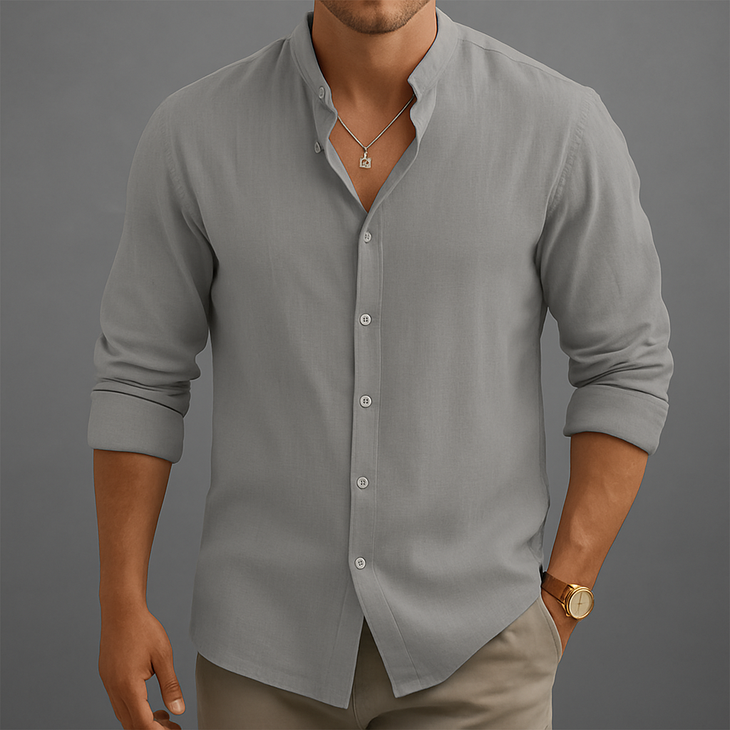 Men’s Lightweight Linen Band Collar Shirt – Breathable Gossamer Summer Button-Up Top