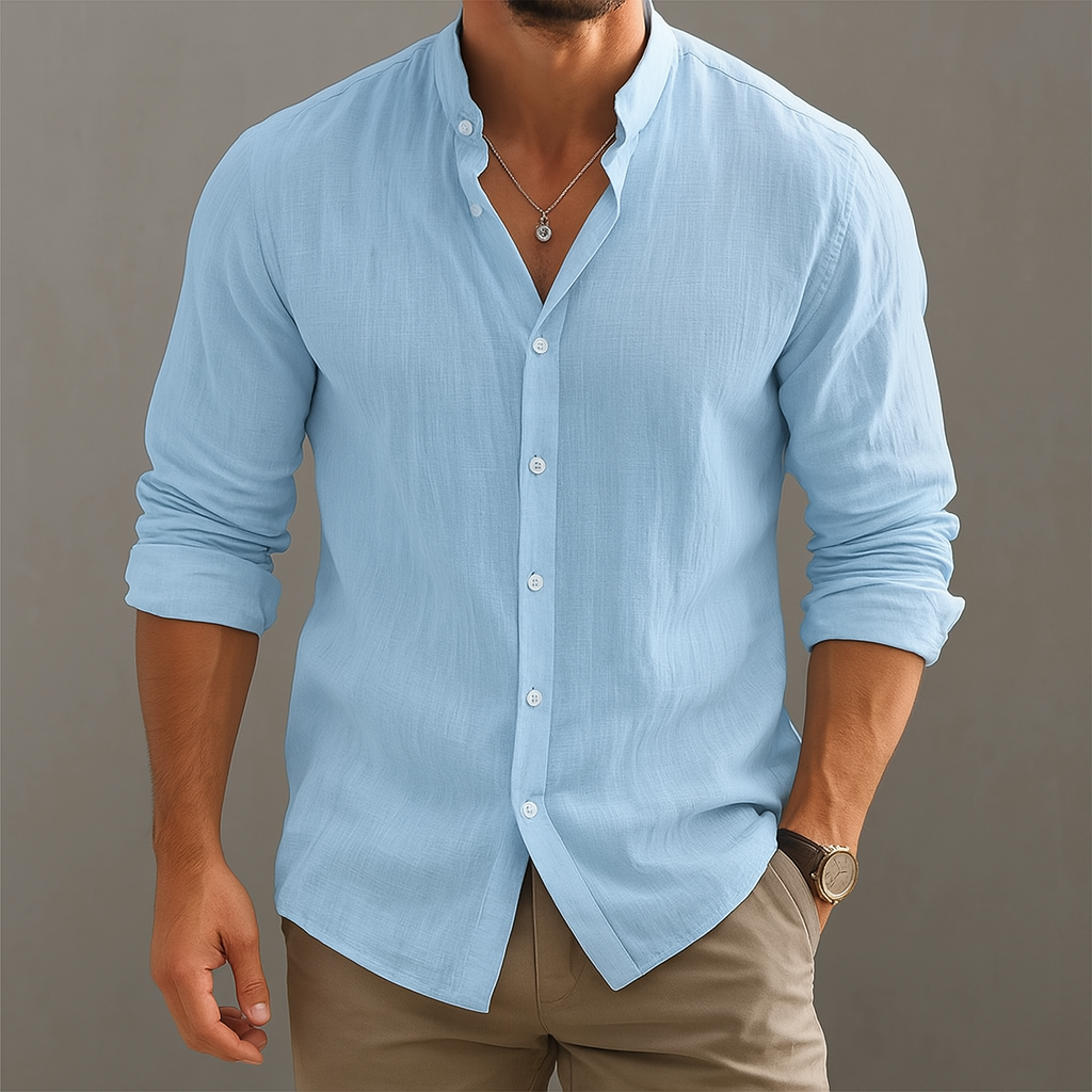 Men’s Lightweight Linen Band Collar Shirt – Breathable Gossamer Summer Button-Up Top
