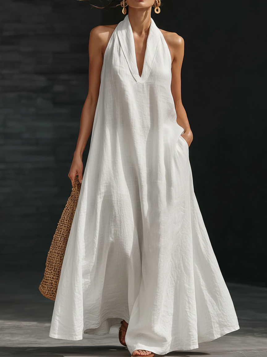 Women’s Aveline Halter Maxi Dress Flowy A-Line Silhouette Lightweight Breathable Elegant Long Dress Summer Occasion Casual Chic Outfit