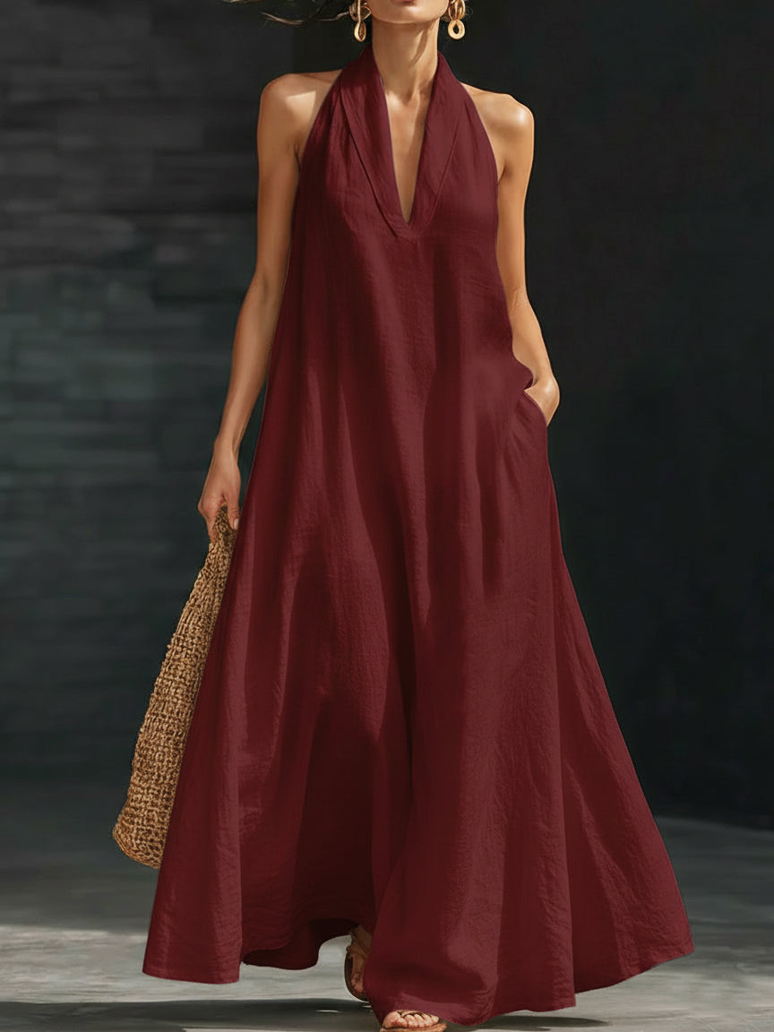 Women’s Aveline Halter Maxi Dress Flowy A-Line Silhouette Lightweight Breathable Elegant Long Dress Summer Occasion Casual Chic Outfit