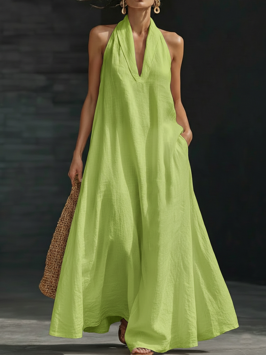 Women’s Aveline Halter Maxi Dress Flowy A-Line Silhouette Lightweight Breathable Elegant Long Dress Summer Occasion Casual Chic Outfit