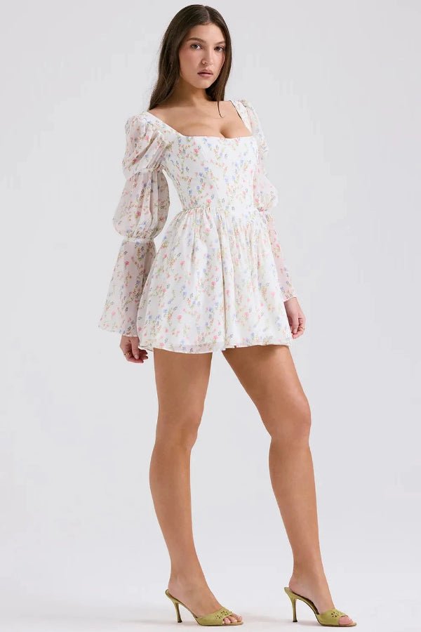 Seraphina Floral Chiffon Midi Dress – Romantic Puff Sleeve Tiered Summer Dress