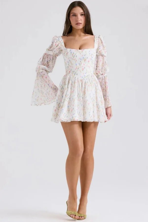 Seraphina Floral Chiffon Midi Dress – Romantic Puff Sleeve Tiered Summer Dress