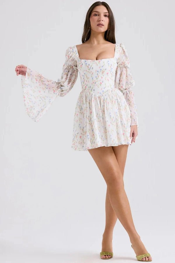 Seraphina Floral Chiffon Midi Dress – Romantic Puff Sleeve Tiered Summer Dress