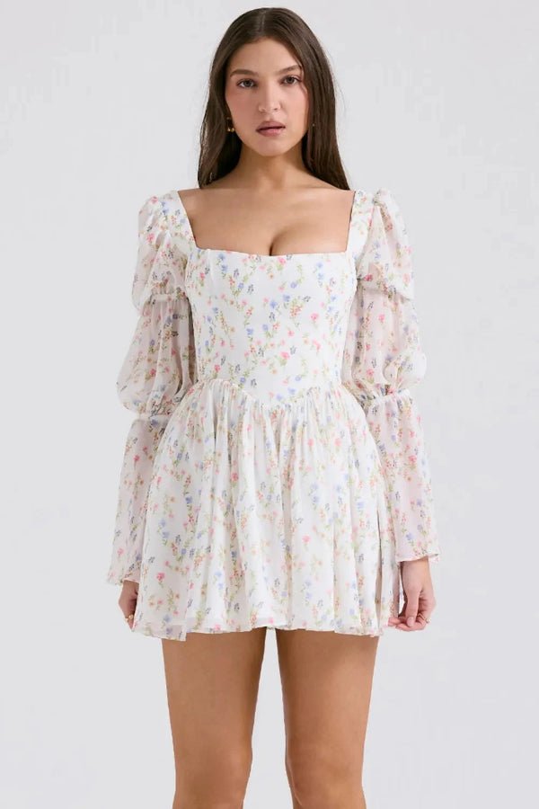 Seraphina Floral Chiffon Midi Dress – Romantic Puff Sleeve Tiered Summer Dress