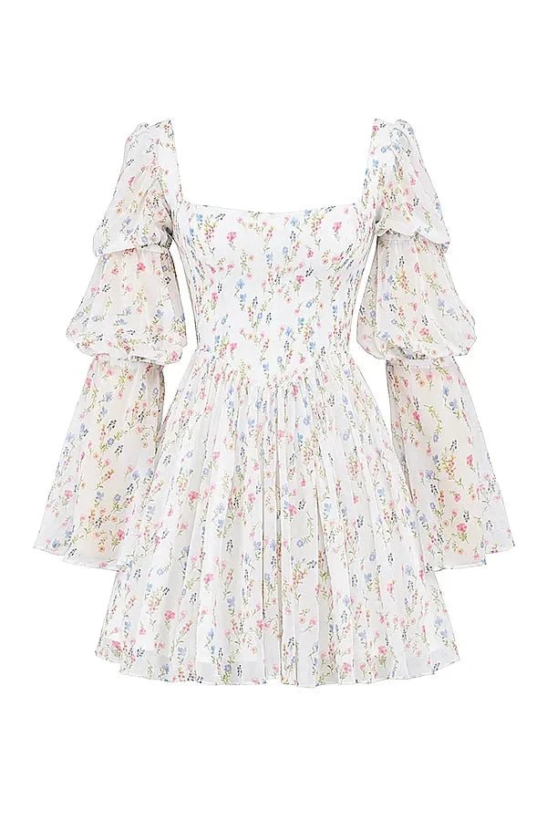 Seraphina Floral Chiffon Midi Dress – Romantic Puff Sleeve Tiered Summer Dress