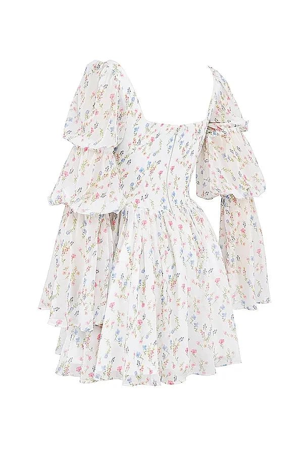 Seraphina Floral Chiffon Midi Dress – Romantic Puff Sleeve Tiered Summer Dress