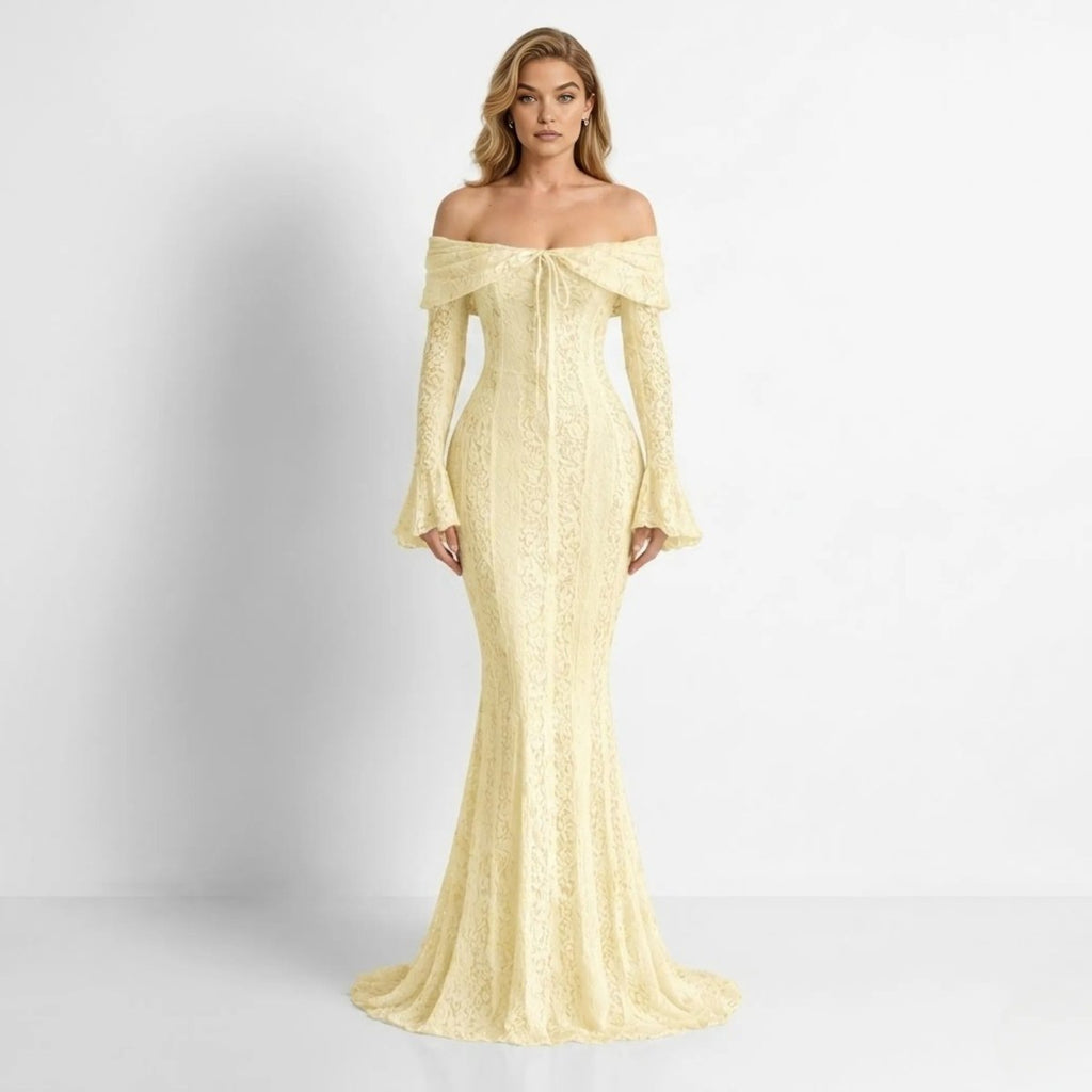 Isla Lace Mermaid Gown for Women – Off-Shoulder Bell Sleeve Formal Evening Dress