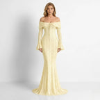 Isla Lace Mermaid Gown for Women – Off-Shoulder Bell Sleeve Formal Evening Dress