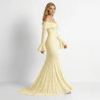 Isla Lace Mermaid Gown for Women – Off-Shoulder Bell Sleeve Formal Evening Dress