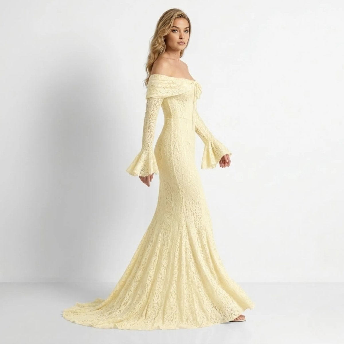 Isla Lace Mermaid Gown for Women – Off-Shoulder Bell Sleeve Formal Evening Dress