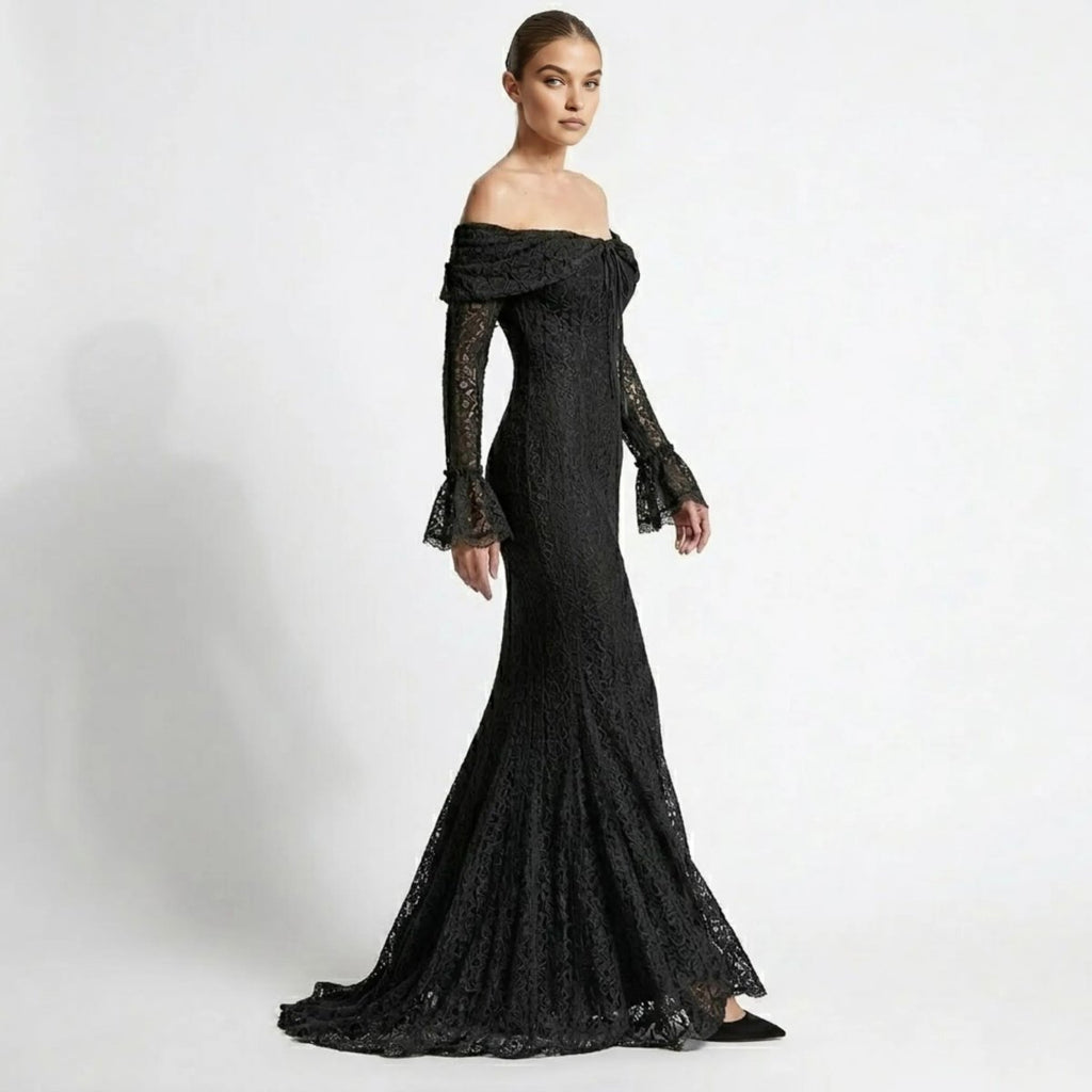 Isla Lace Mermaid Gown for Women – Off-Shoulder Bell Sleeve Formal Evening Dress