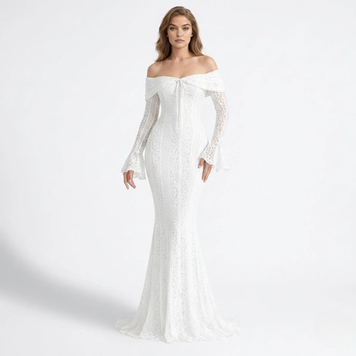Isla Lace Mermaid Gown for Women – Off-Shoulder Bell Sleeve Formal Evening Dress