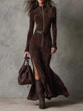 Women’s “Begoña” Suede Midi Dress – Belted Front-Zip High Slit Retro Elegance Dress