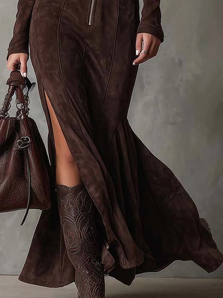 Women’s “Begoña” Suede Midi Dress – Belted Front-Zip High Slit Retro Elegance Dress