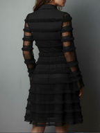 Women’s Black Fringe Mini Dress – Textured Layered Semi-Transparent Evening Party Dress