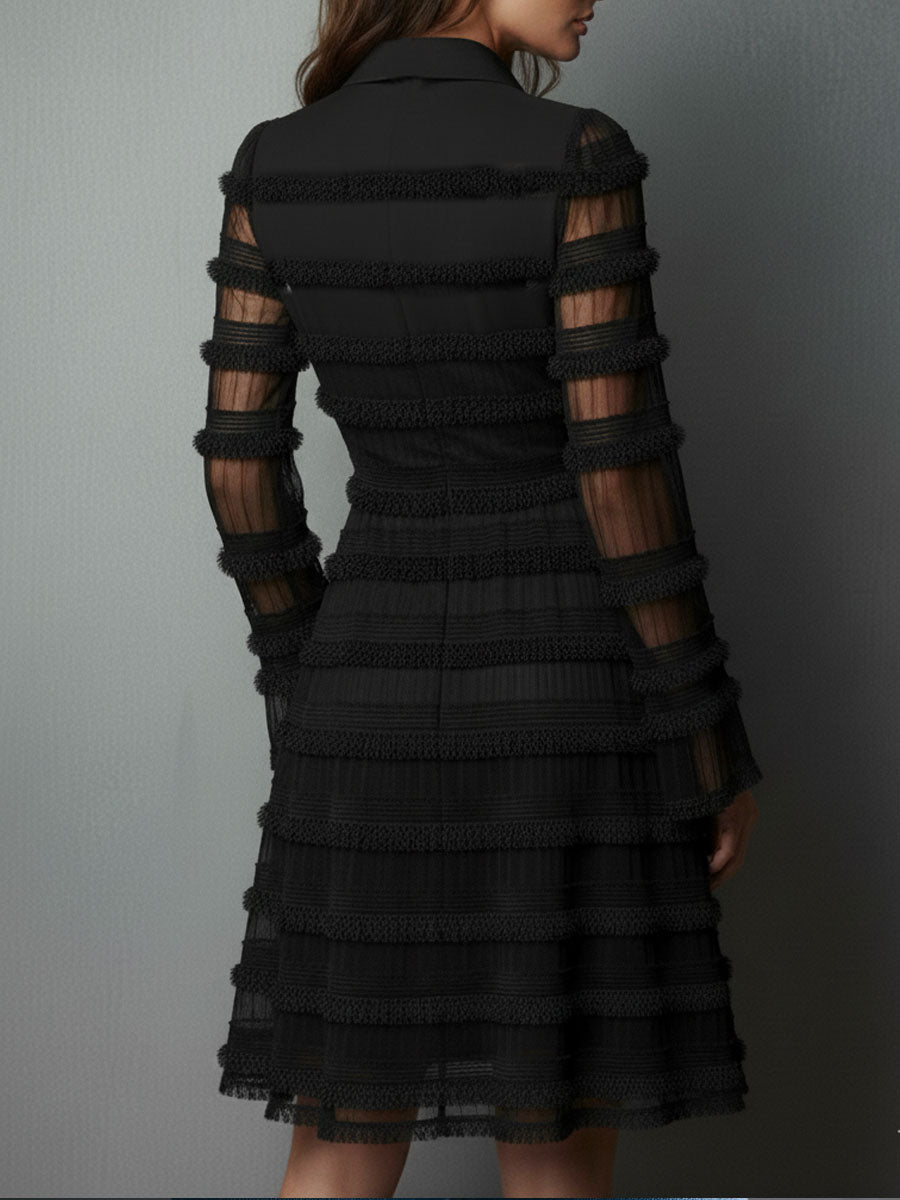 Women’s Black Fringe Mini Dress – Textured Layered Semi-Transparent Evening Party Dress