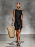 Women’s Black Linen Blend Mini Dress – Minimalist Sleeveless Round Neck Summer Casual Dress