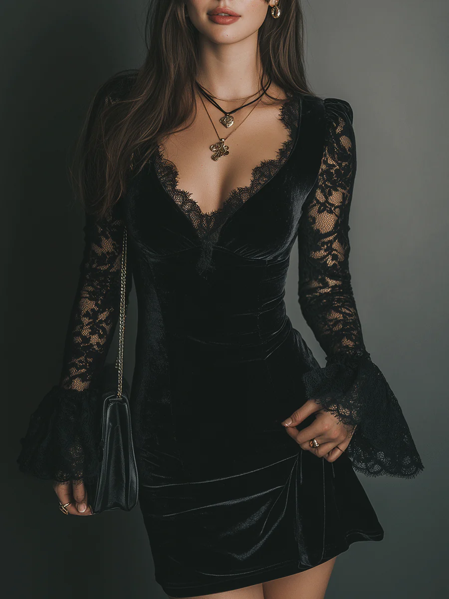 Women’s Black Velvet Mini Dress – Lace Detail Bell Sleeve Romantic Evening Cocktail Dress