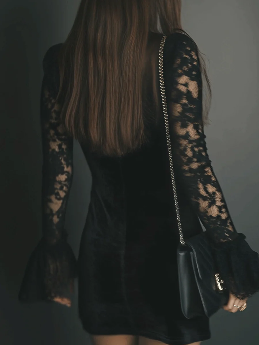 Women’s Black Velvet Mini Dress – Lace Detail Bell Sleeve Romantic Evening Cocktail Dress