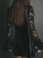 Women’s Black Velvet Mini Dress – Lace Detail Bell Sleeve Romantic Evening Cocktail Dress
