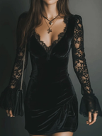 Women’s Black Velvet Mini Dress – Lace Detail Bell Sleeve Romantic Evening Cocktail Dress