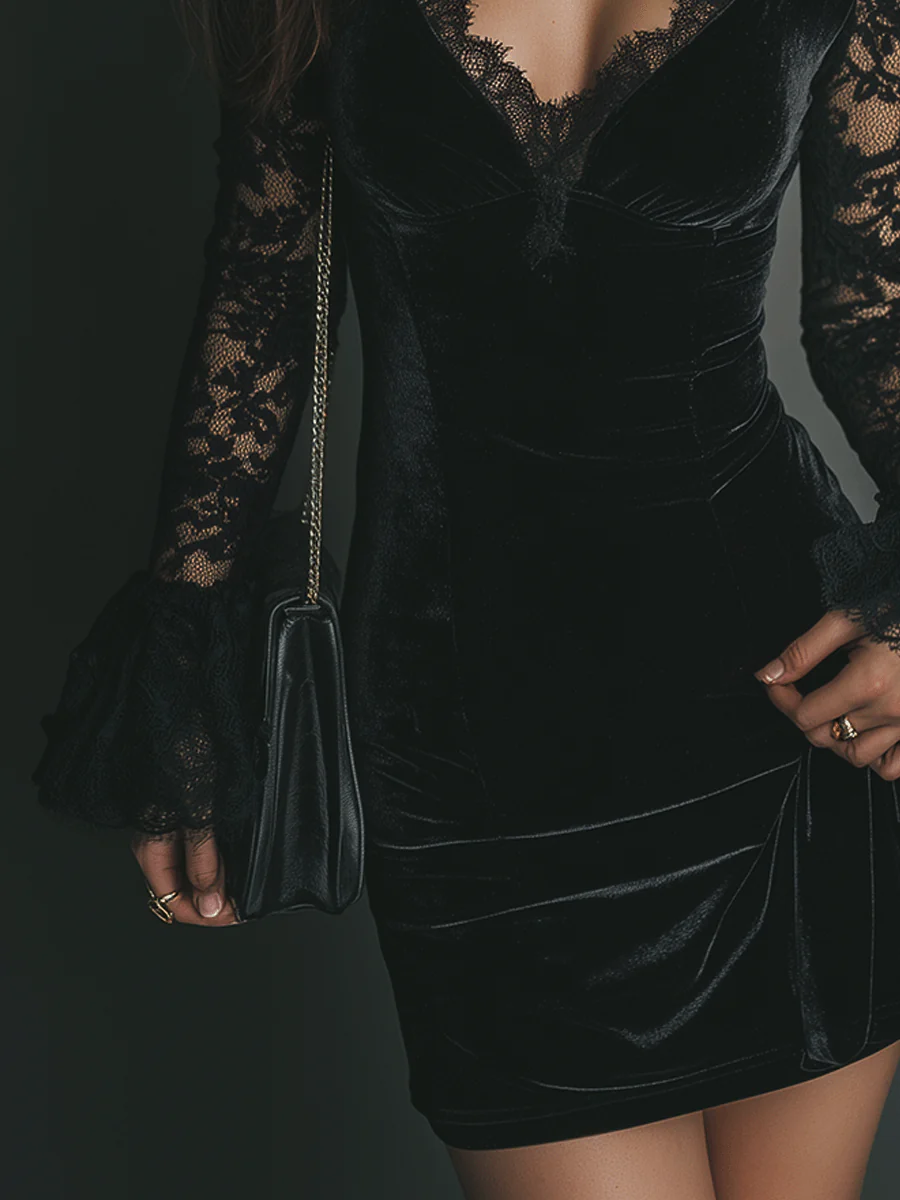 Women’s Black Velvet Mini Dress – Lace Detail Bell Sleeve Romantic Evening Cocktail Dress
