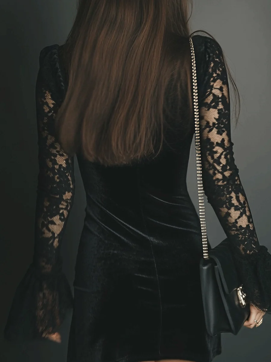 Women’s Black Velvet Mini Dress – Lace Detail Bell Sleeve Romantic Evening Cocktail Dress