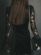 Women’s Black Velvet Mini Dress – Lace Detail Bell Sleeve Romantic Evening Cocktail Dress