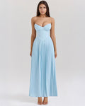 Women’s Ocean Blue Chiffon Maxi Dress – Corset Bodice Pleated Elegant Romantic Gown