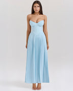 Women’s Ocean Blue Chiffon Maxi Dress – Corset Bodice Pleated Elegant Romantic Gown
