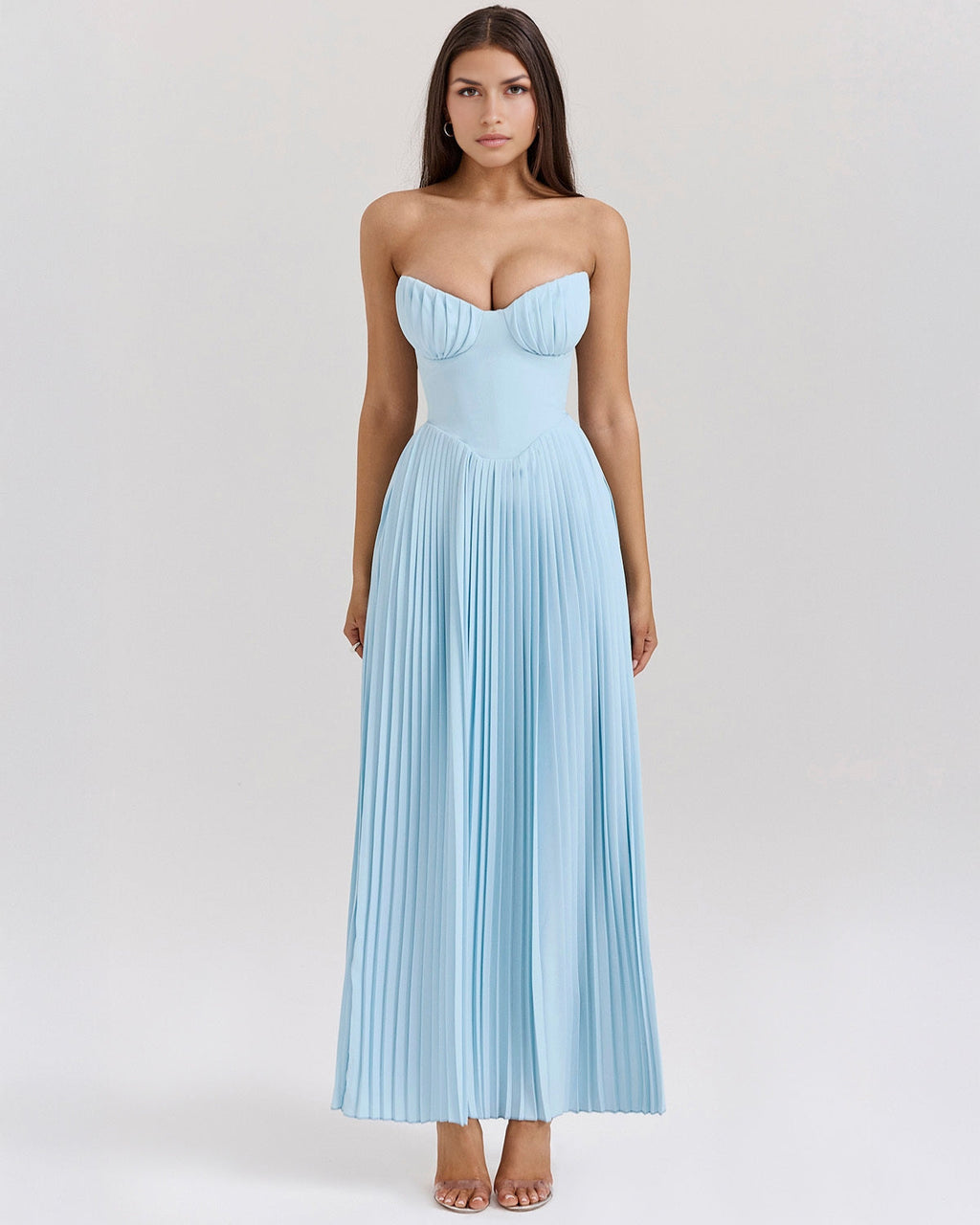 Women’s Ocean Blue Chiffon Maxi Dress – Corset Bodice Pleated Skirt Elegant Romantic Evening Gown with Built-in Cups