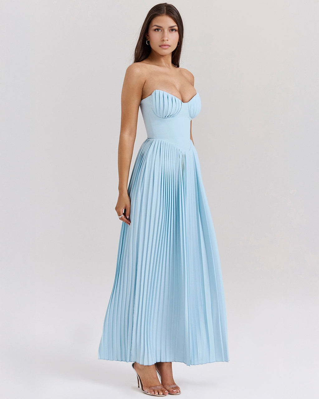 Women’s Ocean Blue Chiffon Maxi Dress – Corset Bodice Pleated Elegant Romantic Gown