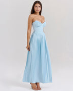 Women’s Ocean Blue Chiffon Maxi Dress – Corset Bodice Pleated Elegant Romantic Gown