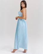 Women’s Ocean Blue Chiffon Maxi Dress – Corset Bodice Pleated Elegant Romantic Gown
