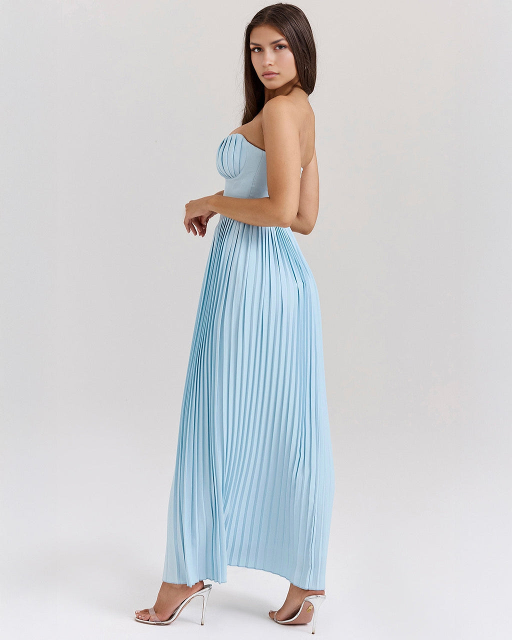 Women’s Ocean Blue Chiffon Maxi Dress – Corset Bodice Pleated Skirt Elegant Romantic Evening Gown with Built-in Cups