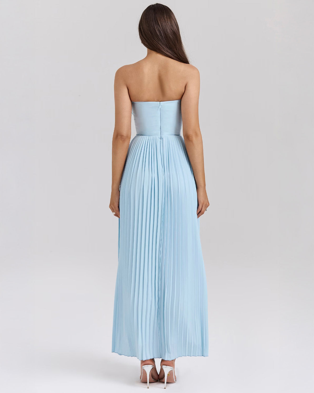 Women’s Ocean Blue Chiffon Maxi Dress – Corset Bodice Pleated Skirt Elegant Romantic Evening Gown with Built-in Cups