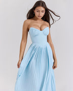 Women’s Ocean Blue Chiffon Maxi Dress – Corset Bodice Pleated Skirt Elegant Romantic Evening Gown with Built-in Cups