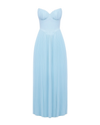 Women’s Ocean Blue Chiffon Maxi Dress – Corset Bodice Pleated Elegant Romantic Gown