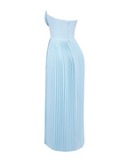 Women’s Ocean Blue Chiffon Maxi Dress – Corset Bodice Pleated Skirt Elegant Romantic Evening Gown with Built-in Cups