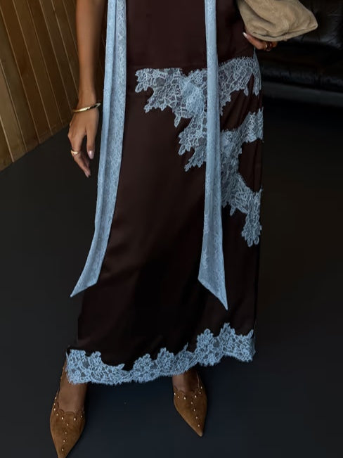 Women’s Lace Detail Midi Skirt – Brown & Blue Elegant Fitted Skirt with Front Panel & Hem Lace