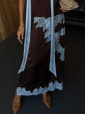 Women’s Lace Detail Midi Skirt – Brown & Blue Elegant Fitted Skirt with Front Panel & Hem Lace