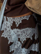 Women’s Lace Detail Midi Skirt – Brown & Blue Elegant Fitted Skirt with Front Panel & Hem Lace