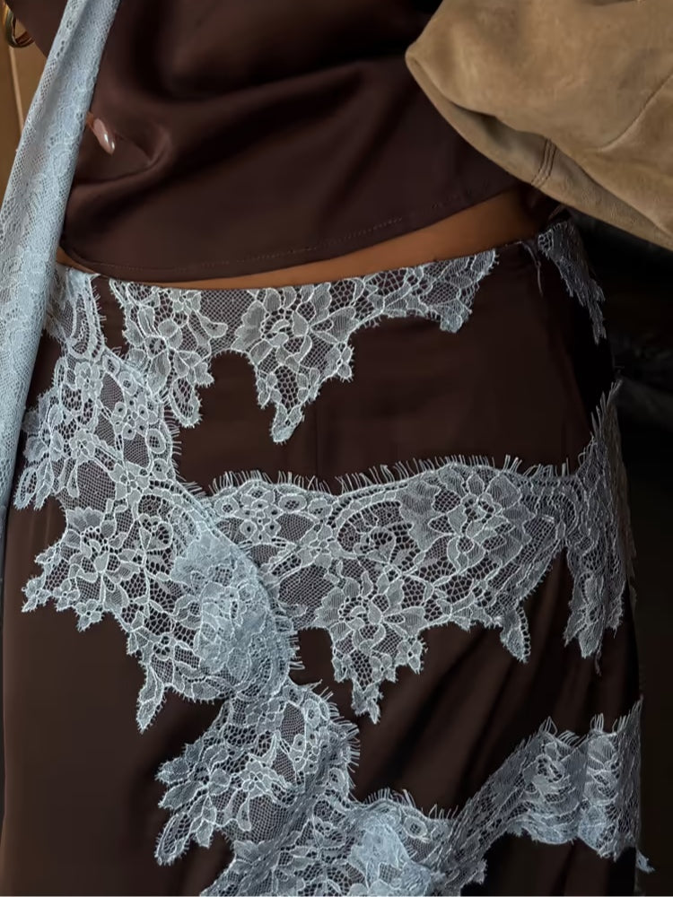 Women’s Lace Detail Midi Skirt – Brown & Blue Elegant Fitted Skirt with Front Panel & Hem Lace
