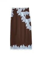Women’s Lace Detail Midi Skirt – Brown & Blue Elegant Fitted Skirt with Front Panel & Hem Lace