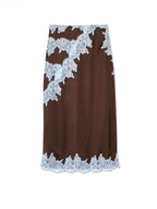 Women’s Lace Detail Midi Skirt – Brown & Blue Elegant Fitted Skirt with Front Panel & Hem Lace