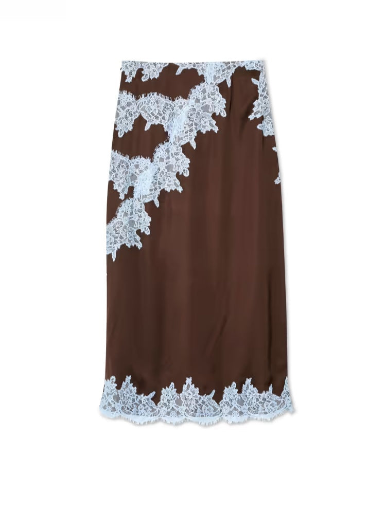 Women’s Lace Detail Midi Skirt – Brown & Blue Elegant Fitted Skirt with Front Panel & Hem Lace